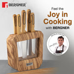 BERGNER Olive Garden Stainless Steel 6 Pcs Knife Set - Kitchen Knife Set of Chef Knife, Santoku Knife, Slicer Knife, Utility Knife, Paring Knife with Wooden Knife Block, Durable, Soft Touch Handle