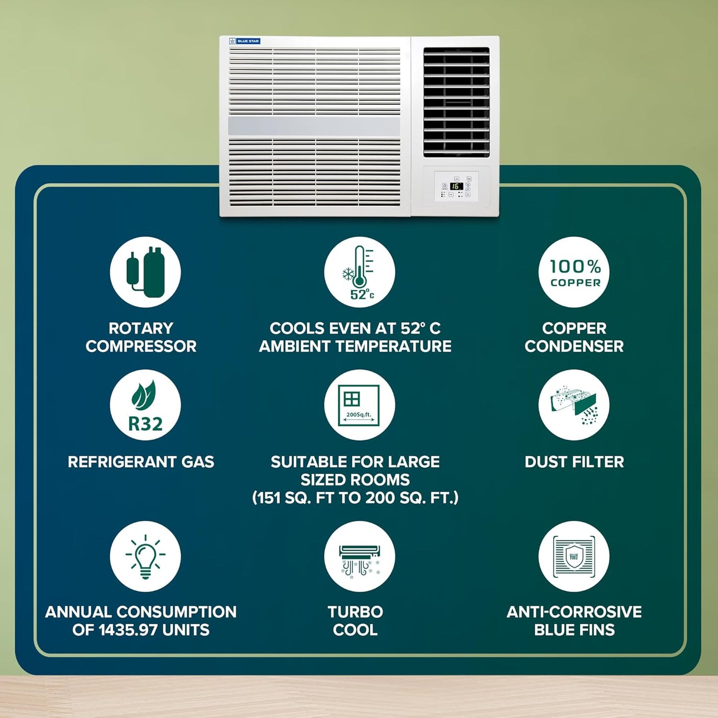 Bluestar 2 Ton 3 Star Fixed Speed Window AC (Copper, Turbo Cool, Fan Modes-Auto/High/Medium/Low, Hydrophilic Blue Fins, Dust Filters, Self-Diagnosis, 2024 Model, WFD324E, White)