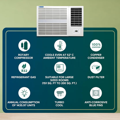 Bluestar 2 Ton 3 Star Fixed Speed Window AC (Copper, Turbo Cool, Fan Modes-Auto/High/Medium/Low, Hydrophilic Blue Fins, Dust Filters, Self-Diagnosis, 2024 Model, WFD324E, White)