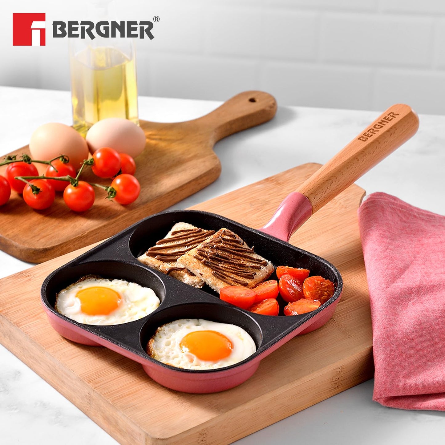 BERGNER Excalibur Lightweight Cast Iron 18cm Breakfast Pan, Sturdy Wooden Handle, Non-Stick Coating, PFAS Free, Perfect Heat Distribution, Elegant Design - Induction Compatible (Pink)