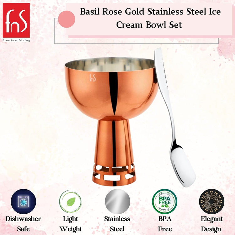 FNS Basil Stainless Steel Bowls Set with 6 Bowls and 6 Spoons for Ice Cream/Pudding/Dessert | Fancy Serving Bowls for Snacks (Rose Gold)