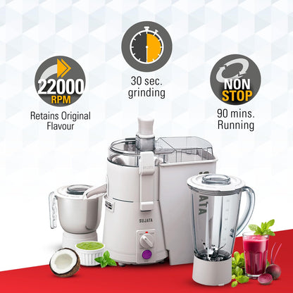Sujata Powermatic Plus Juicer Mixer Grinder|900 Watts Double Ball Bearing Motor|22000 RPM|Non-Stop 90 Mins Running|2 Jars including 1750ml Blender, 1000ml Grinder Jar| (White)