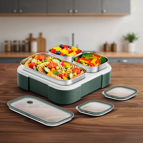 VAYA TYDBYT Stainless Steel Tiffin Box for Men, Kids Girls,1 Large & 2 Small Compartments, Bento Lunch Box, Smart Portions for Balanced Meals, Green