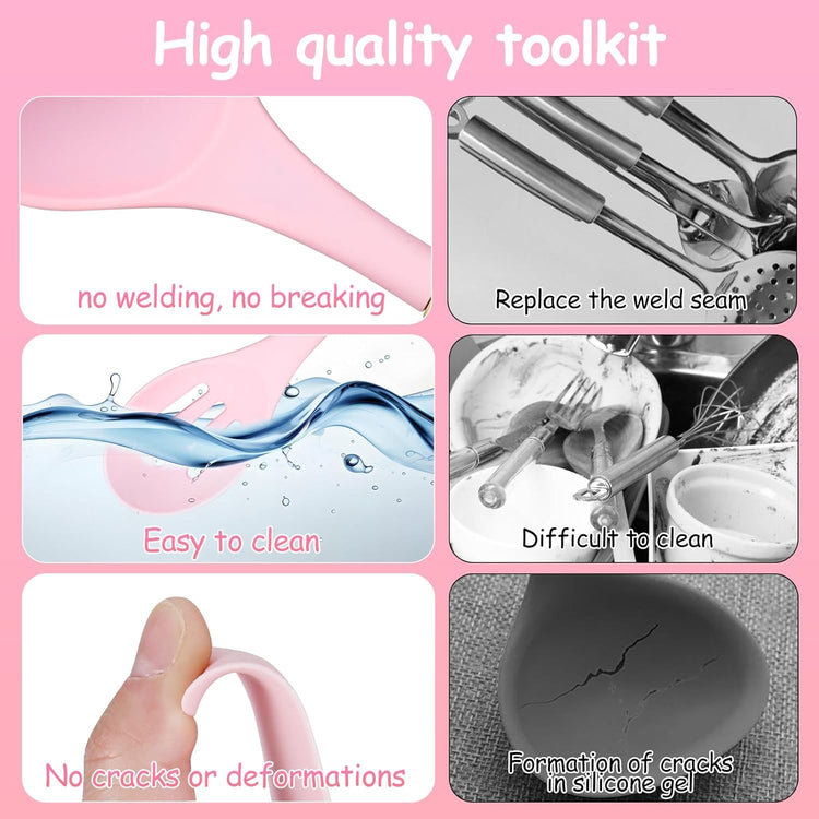 12 Pcs Silicone Kitchen Tool Set with Wooden Handles | Non Stick Cookware Safe Cooking Utensils with Storage Holder | Kitchen Accessories Set for Cooking & Baking (Pink)