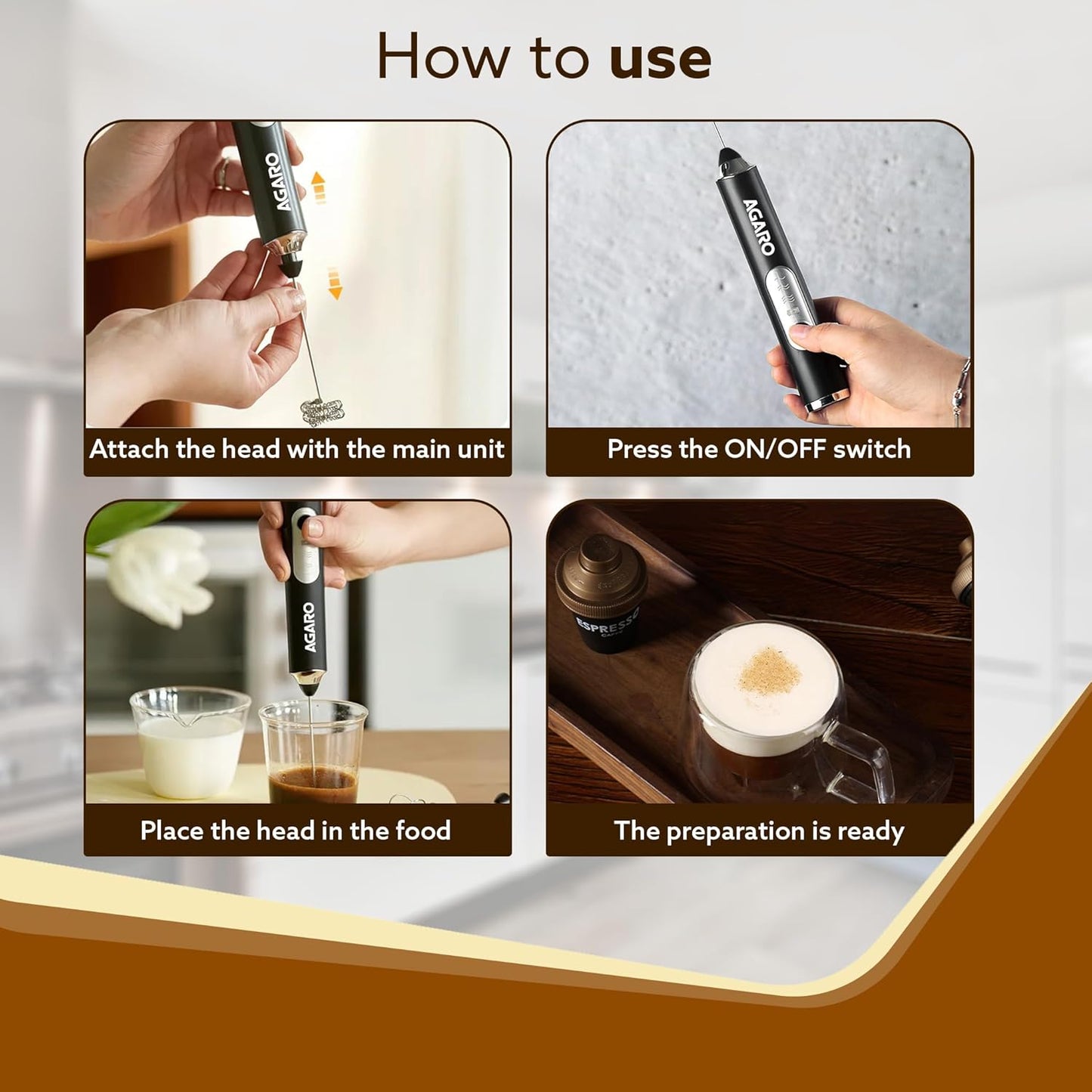 AGARO Royal Milk, 3‑Speed Electric for Coffee with Whisk and, Mixer, Stand‑up Design, for Cream (Whisk Milk), Rechargeable, Stainless Steel