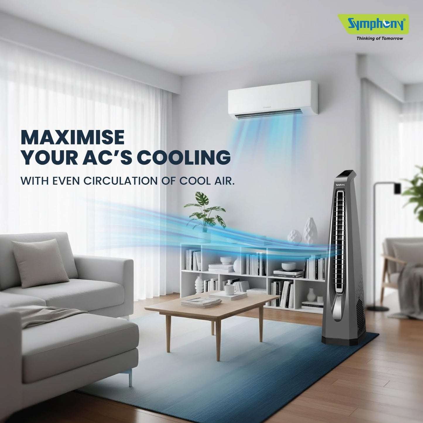 Symphony Surround-i Bladeless Tower Fan for Room | High-Speed with Swivel Action, Touchscreen Control Panel & Remote | 1 Year Warranty | Grey