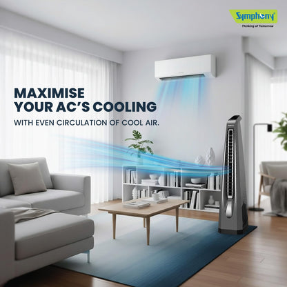Symphony Surround-i Bladeless Tower Fan for Room | High-Speed with Swivel Action, Touchscreen Control Panel & Remote | 1 Year Warranty | Grey