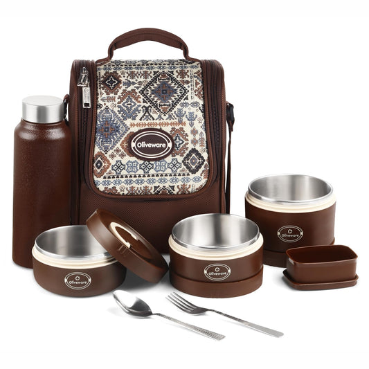 Oliveware TESO Musk Lunch Box | 3 Microwave-Safe Containers (2×420ml, 1×620ml) + 750ml Steel Bottle + 130ml Pickle Box + Steel Cutlery | Premium Carry Bag | Freezer & Dishwasher Safe (Brown)