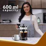 AGARO Delite French Press Coffee And Tea Maker, Borosilicate Glass Body With Sleeves, Glass Carafe, BPA Free Plastic Lid Strainer, 600Ml