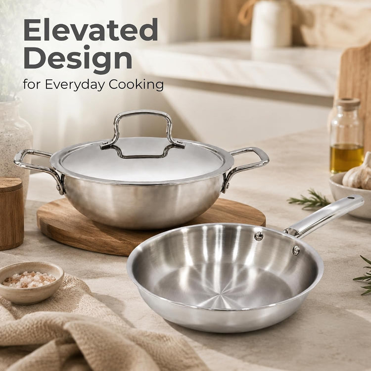 Vinod Grandior Triply Stainless Steel Cookware Set of 3 Pcs | 2.3 L Kadai (22 cm), 1.5 L Frypan (22 cm) with Common Lid | Event Heating, Less Oil Healthy Cooking, Induction & Gas Compatible