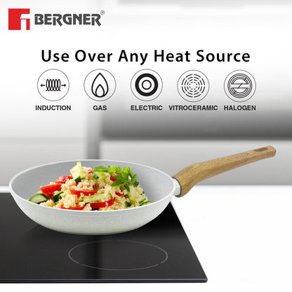 Bergner Naturally Forged Aluminum 28cm Frypan, Marble Non-Stick Coating, Less Oil Use, Scratch Resistant Frying Pan, Durable, Soft Touch Handle, Easy to Clean - Induction Bottom, Free Non-Woven Trivet