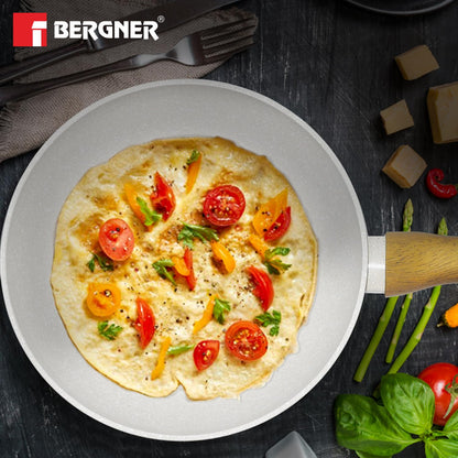 Bergner Naturally Forged Aluminum 28cm Frypan, Marble Non-Stick Coating, Less Oil Use, Scratch Resistant Frying Pan, Durable, Soft Touch Handle, Easy to Clean - Induction Bottom, Free Non-Woven Trivet