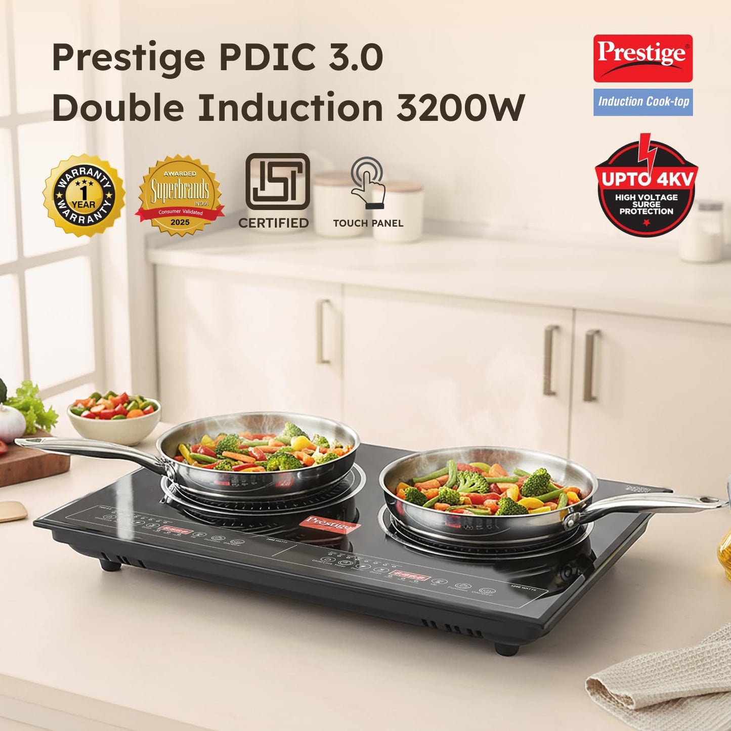 Prestige PDIC 3.0 Double Induction Cooktop(3200W, Black, 2 Burner Induction Stove)