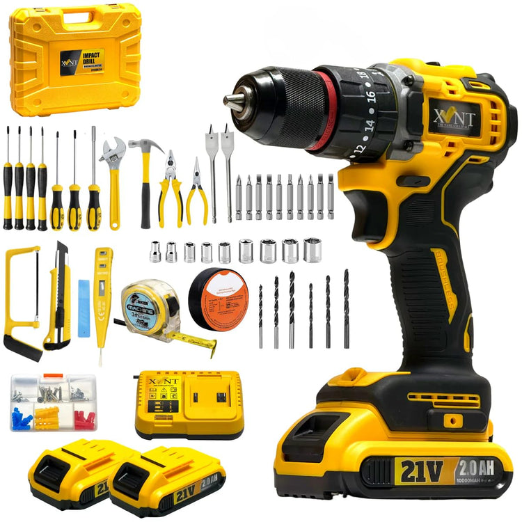 XLNT 21V Cordless Brushless Drill Set, Power Drill Kit with 2 Batteries & Charger, Impact Drill Driver with 3/8" Keyless Chuck, 25+1 Torque Settings, Complete Hand Tools Set, Sockets & Carry Case.