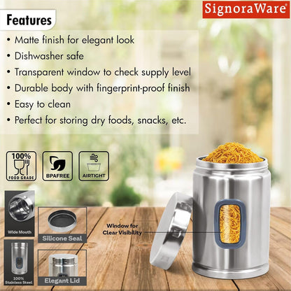 Signoraware 1650ML Modular Stainless Steel Deluxe Window Round Container | Airtight & Leakproof | Durable | Kitchen & Pantry Storage | Space Saving | Ideal for Dry Fruits & Snacks Storage (Steel)