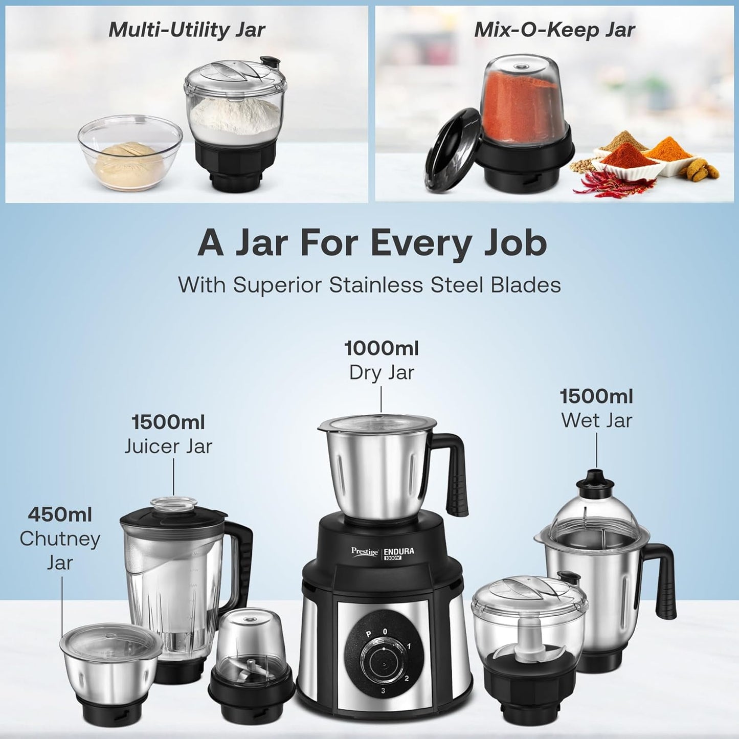 Prestige Endura 1000W Mixer Grinder 6 Jars (Black & Silver)
