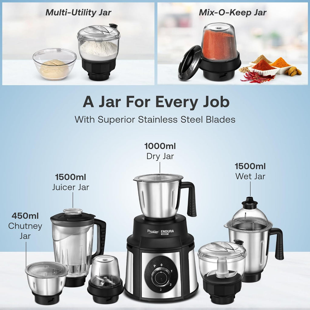 Prestige Endura 1000W Mixer Grinder 6 Jars (Black & Silver)