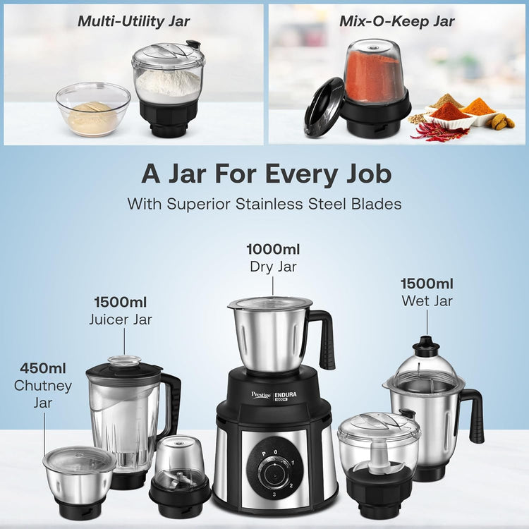 Prestige Endura 1000W Mixer Grinder 6 Jars (Black & Silver)