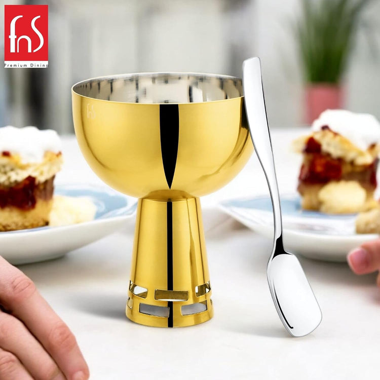 FNS Basil Stainless Steel Bowls Set with 6 Bowls and 6 Spoons for Ice Cream/Pudding/Dessert | Fancy Serving Bowls for Snacks (Gold)