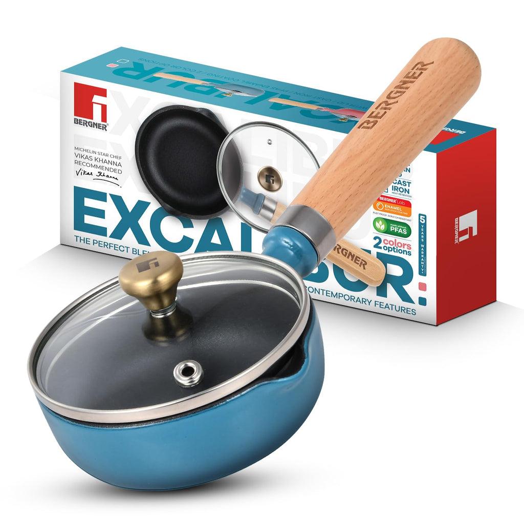 BERGNER Excalibur Lightweight Cast Iron Tadka Pan with Lid 12cm, Non-Stick Vaghar Pan, PFAS Free, Perfect Heat Distribution, Elegant Design, Silicone Grips - Induction and Gas Stove Ready (Blue)