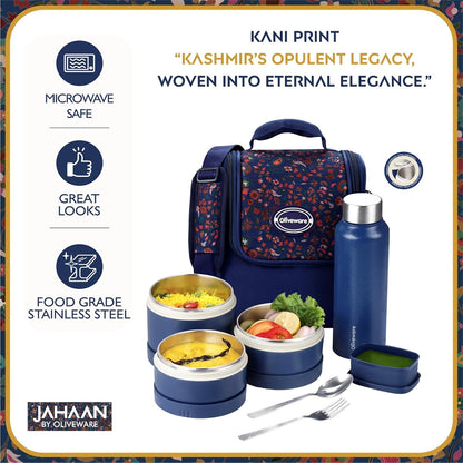 Oliveware TESO Musk Lunch Box | 3 Microwave-Safe Containers (2×420ml, 1×620ml) + 750ml Steel Bottle + 130ml Pickle Box + Steel Cutlery | Premium Carry Bag | Freezer & Dishwasher Safe (Blue)