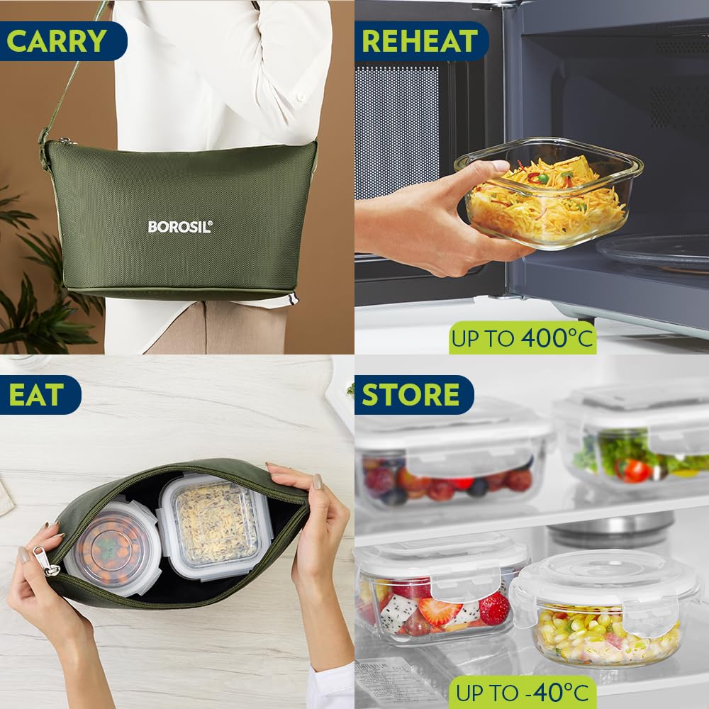Borosil Eateasy Daisy Borosilicate Glass Lunchbox with Bag | Set of 4 (320ml x 2 Square + 240ml x 2 Round) | Microwave & Dishwasher Safe, Leakproof | Tiffin for Office, School | Transparent