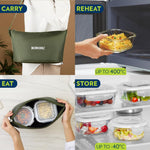 Borosil Eateasy Daisy Borosilicate Glass Lunchbox with Bag | Set of 4 (320ml x 2 Square + 240ml x 2 Round) | Microwave & Dishwasher Safe, Leakproof | Tiffin for Office, School | Transparent