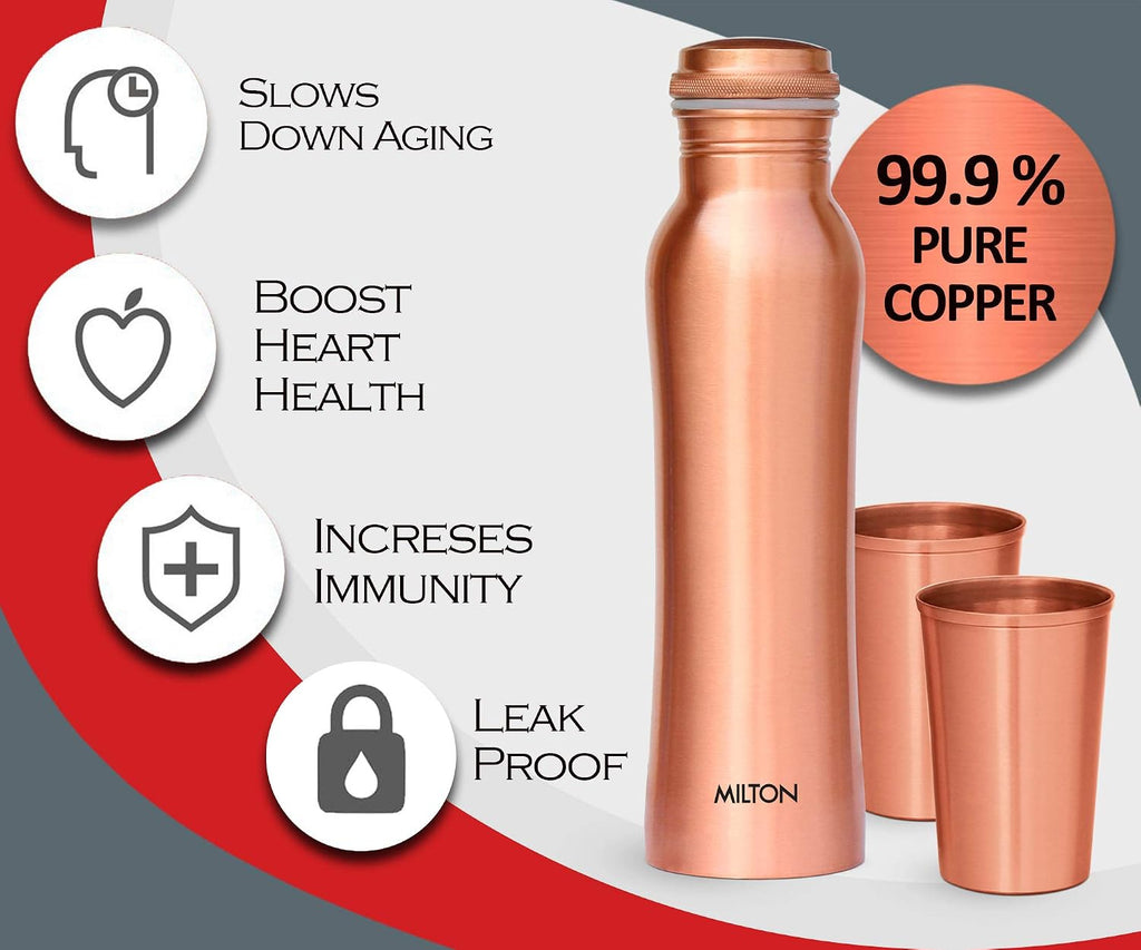 MILTON Copperas Gift Set of 2 bottles, 950ml with 2 pc Tumbler, 100% Pure Copper, BPA Free, Leak Proof, Office Bottle, Boosts Immunity, Supports Digestive & Liver Health, Ayurveda Inspired