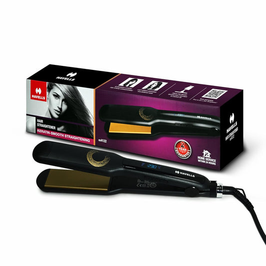 Havells HS4122 Keratin Wide Plate Hair Straightener with Digital Display & Adjustable Temperature; Heats Up Fast; For all hair types; Worldwide voltage compatible (Black)