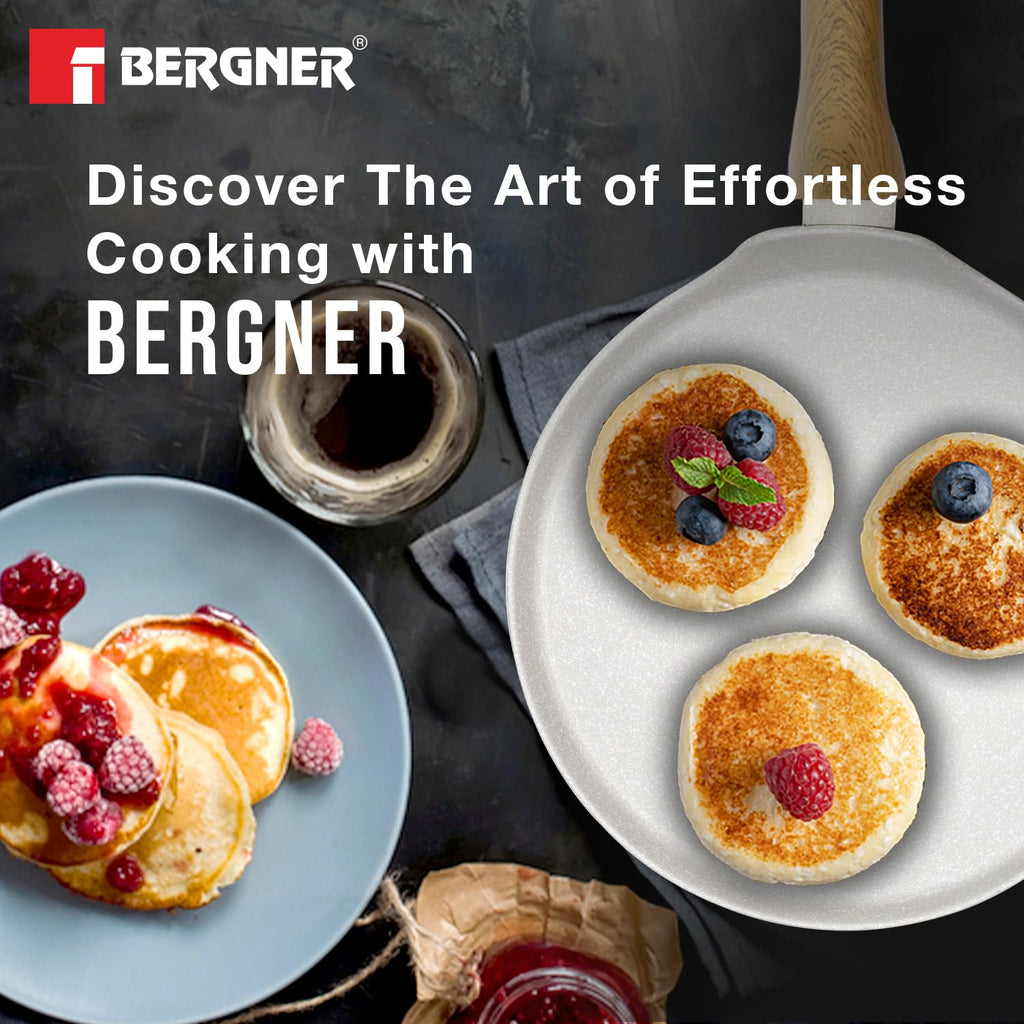 BERGNER Naturally Forged Aluminum 28cm Pancake Pan/Dosa Tawa with Marble Non-Stick Coating, Scratch Resistant and Durable, Soft Touch Handle, Easy to Clean - Induction Bottom, Free Non-Woven Trivet