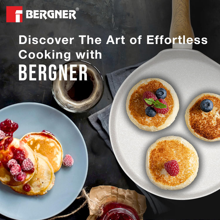 BERGNER Naturally Forged Aluminum 28cm Pancake Pan/Dosa Tawa with Marble Non-Stick Coating, Scratch Resistant and Durable, Soft Touch Handle, Easy to Clean - Induction Bottom, Free Non-Woven Trivet