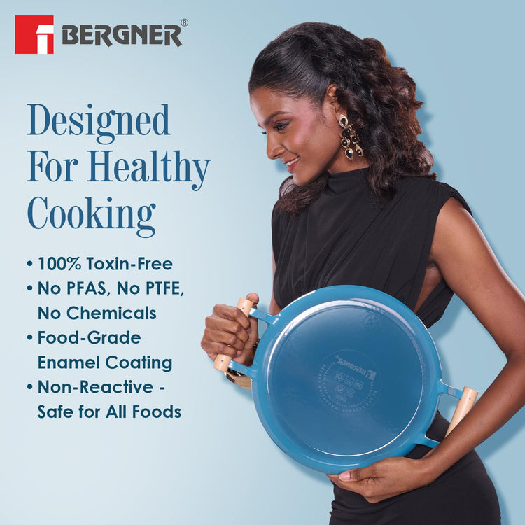 BERGNER Excalibur Lightweight Cast Iron Dosa Tawa 28cm, Double Sided Sturdy Handle, Non-Stick Coating, PFAS Free, Perfect Heat Distribution, Elegant Design - Induction Compatible (Blue)