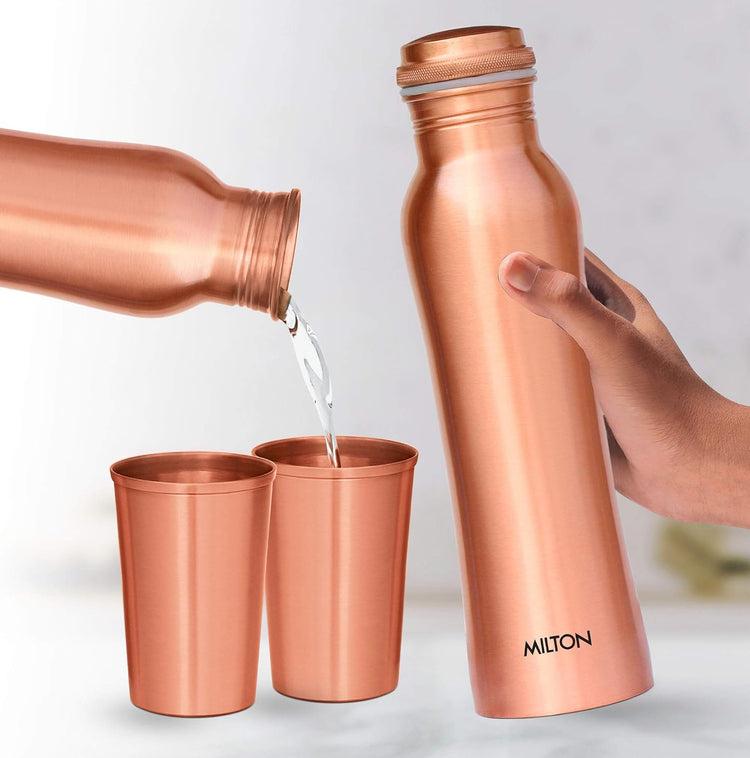 MILTON Copperas Gift Set of 2 bottles, 950ml with 2 pc Tumbler, 100% Pure Copper, BPA Free, Leak Proof, Office Bottle, Boosts Immunity, Supports Digestive & Liver Health, Ayurveda Inspired