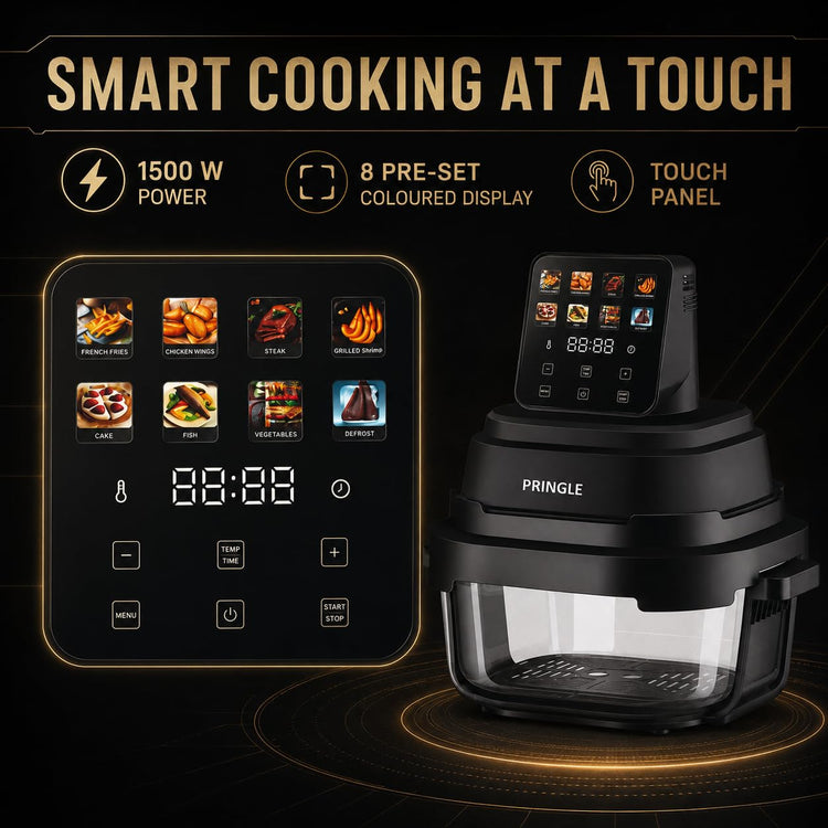 Pringle AirClear Glass Air Fryer 5.5L | Dual Bowl | 1500W | 8 Cooking Modes, 5.5 L total capacity with 4 L + 1.5 L glass bowls for flexible cooking and serving