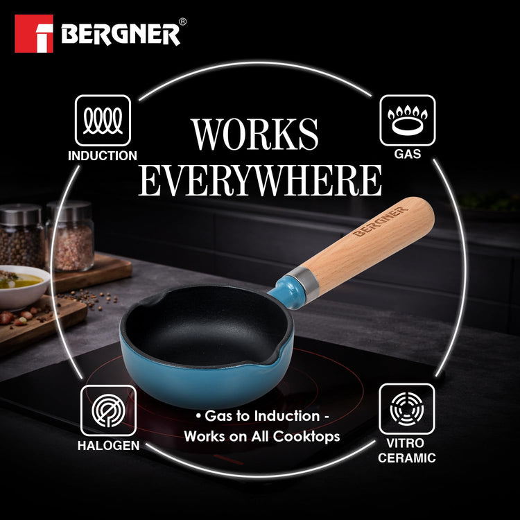 BERGNER Excalibur Lightweight Cast Iron Tadka Pan with Lid 12cm, Non-Stick Vaghar Pan, PFAS Free, Perfect Heat Distribution, Elegant Design, Silicone Grips - Induction and Gas Stove Ready (Blue)