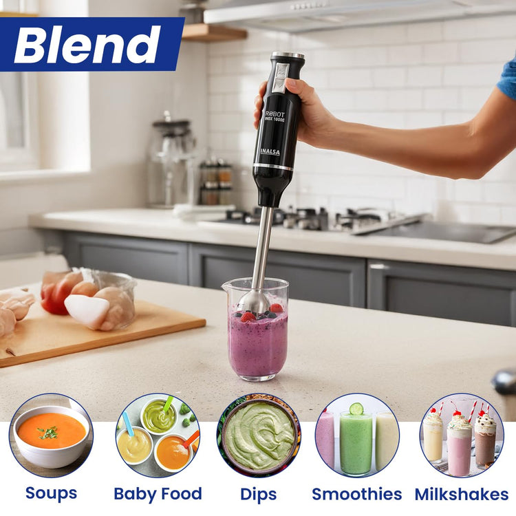 INALSA Hand Blender 1000 Watts with Chopper, Whisker| Variable Speed & Turbo Speed Function|100% Copper Motor|0.6Liter|Low Noise |Anti-Splash Technology|Home&kitchen|2 Year Warranty (Robot Inox 1000E)