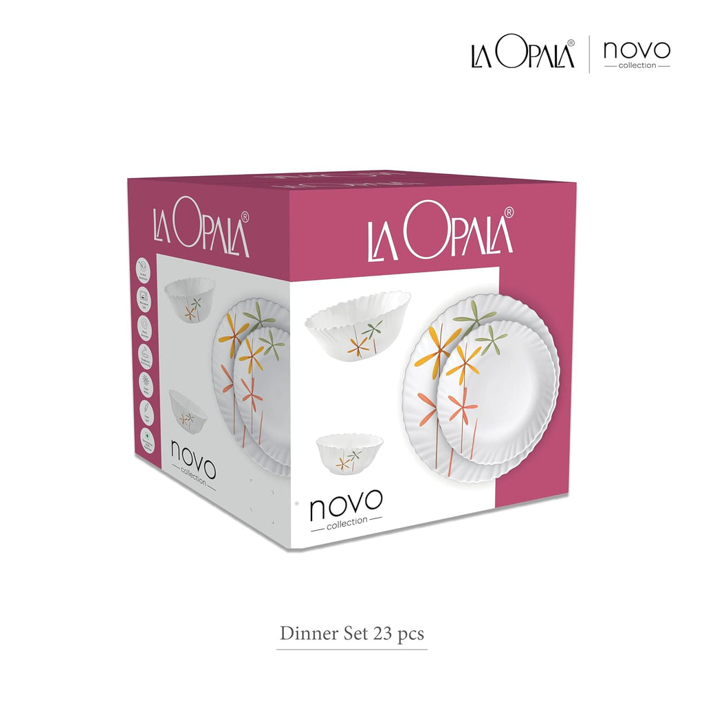La Opala Novo Collection Opal Glass Crockery | for Family of 6 | Dinner Set 23 pcs English Lavender | Plates & Bowls for Dining | Microwave Safe | 100% Vegetarian | Extra Strong | Light & White