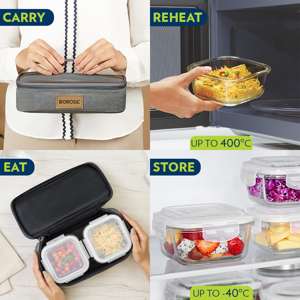 Borosil Pro Borosilicate Glass Lunchbox with Bag | 2 pc Square Container Set (320 ml Each) | Microwave & Dishwasher Safe, Leakproof | Tiffin for Office, School, College | Transparent, Horizontal