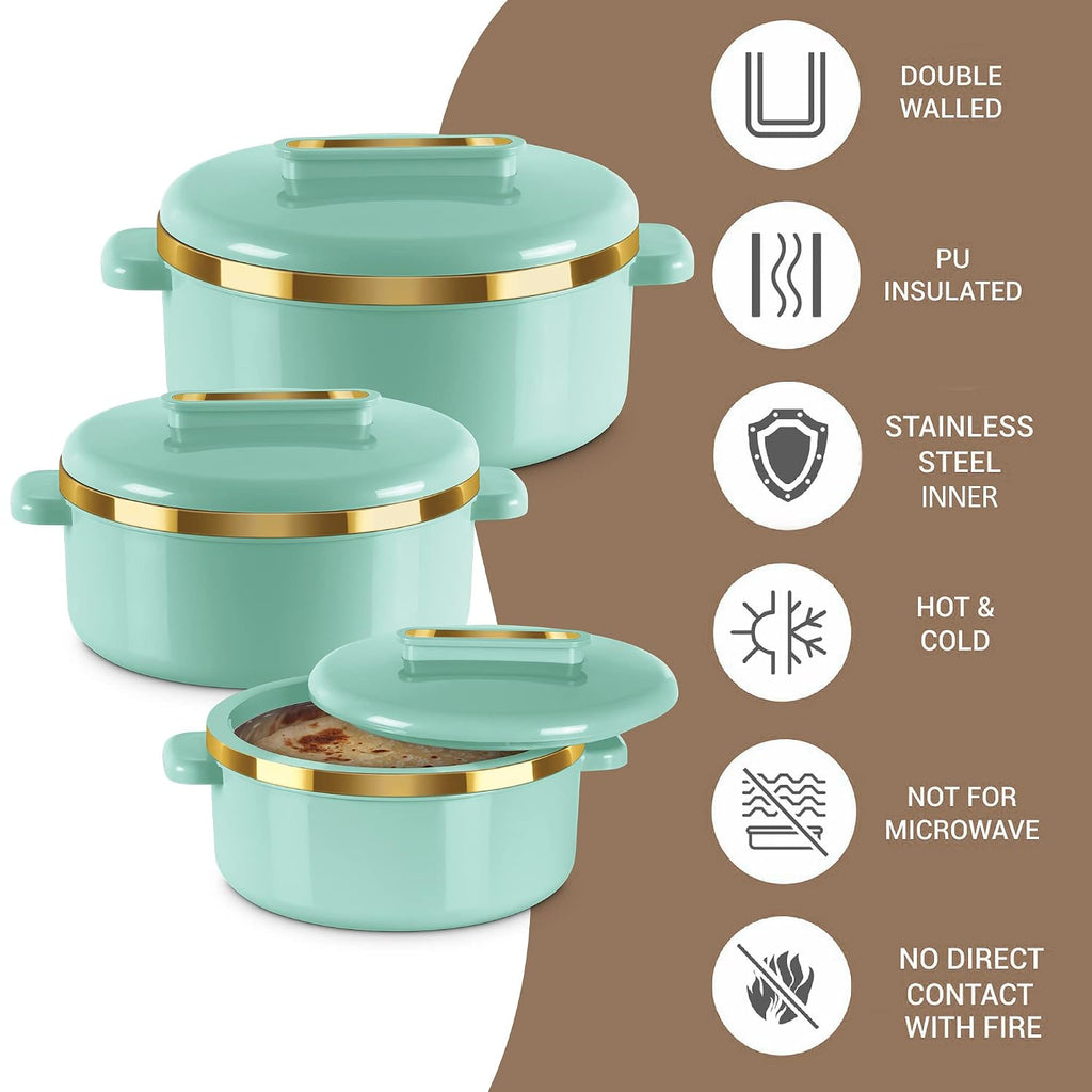 MILTON Curve Inner Stainless Steel Casserole Set of 3 (840 ml, 1300 ml, 1880 ml), Light Green | BPA Free | Food Grade | Easy to Carry | Easy to Store | Chapati | Roti | Curd Maker