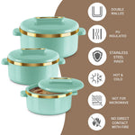 MILTON Curve Inner Stainless Steel Casserole Set of 3 (840 ml, 1300 ml, 1880 ml), Light Green | BPA Free | Food Grade | Easy to Carry | Easy to Store | Chapati | Roti | Curd Maker
