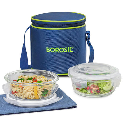 Borosil Klip n Store Lunchbox with Bag | Set of 2 (400ml Each) | Borosilicate Glass, Round, Vertical | Microwave & Dishwasher Safe, Leak Proof | Tiffin for Office, School, College