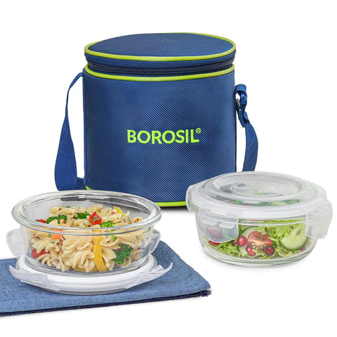 Borosil Klip n Store Lunchbox with Bag | Set of 2 (400ml Each) | Borosilicate Glass, Round, Vertical | Microwave & Dishwasher Safe, Leak Proof | Tiffin for Office, School, College