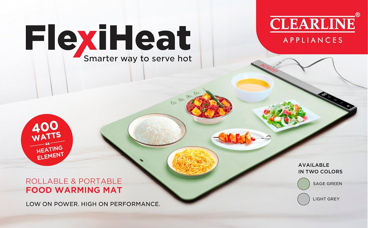 Clearline FlexiHeat 400W Food Warming Mat | Rollable & Portable Buffet Food Warmer | Digital Temperature Control (40°C–100°C) | 6-Hour Timer | Safe Silicone Surface | Sage Green