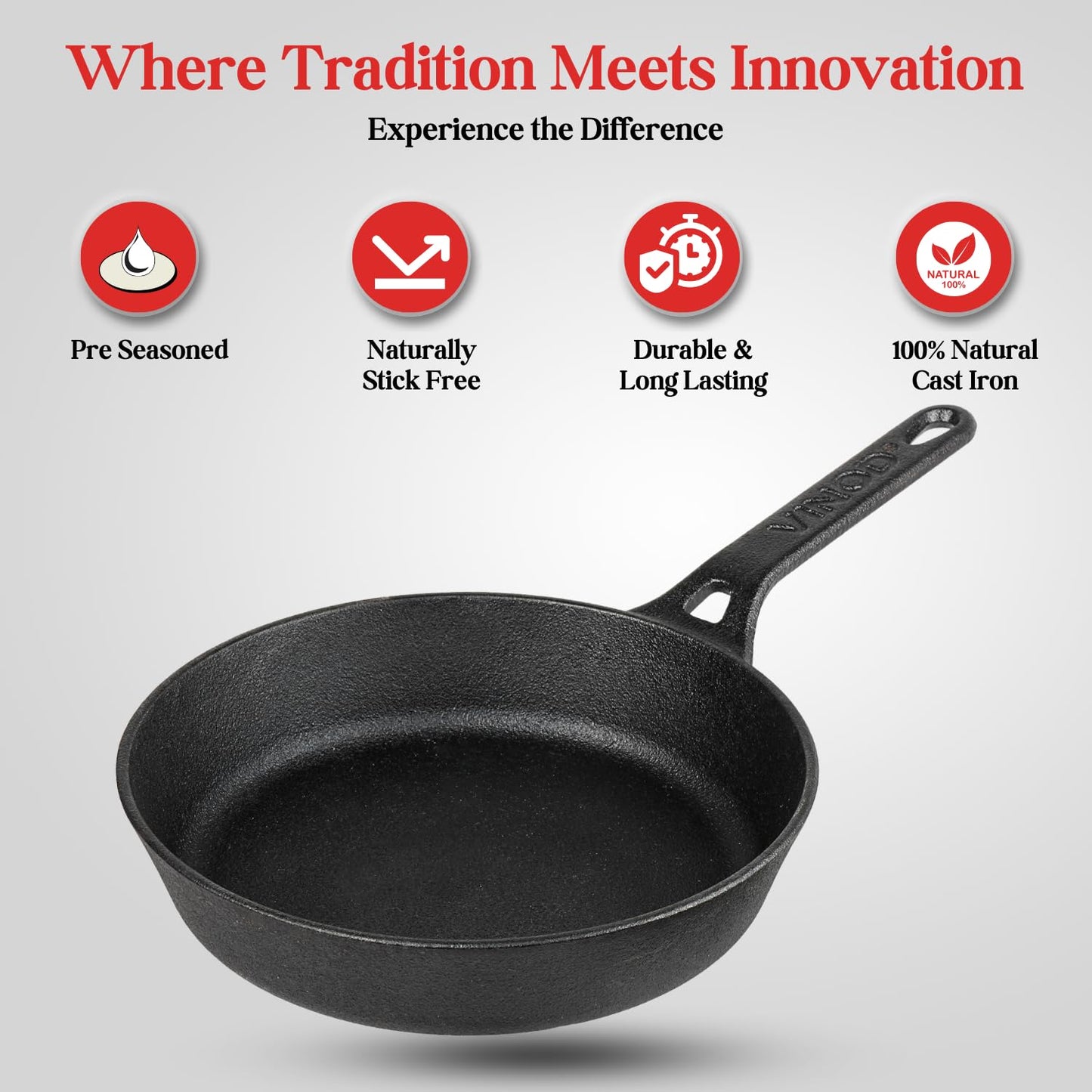 Vinod Legacy Pre-Seasoned Cast Iron Frypan - 20 cm | Non-Toxic | Enamel-Free & Coating-Free | Gas Compatible | Black