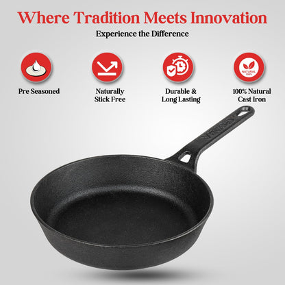 Vinod Legacy Pre-Seasoned Cast Iron Frypan - 20 cm | Non-Toxic | Enamel-Free & Coating-Free | Gas Compatible | Black