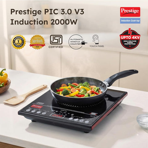 Prestige PIC 3.1 V3 2000 Watts Induction Cooktop | Patented Automatic Whistle Counter | 4KV Surge Protection | 7 Preset Indian Menu Options With Timer | Touch Button | Black | 1Y Warranty | BIS