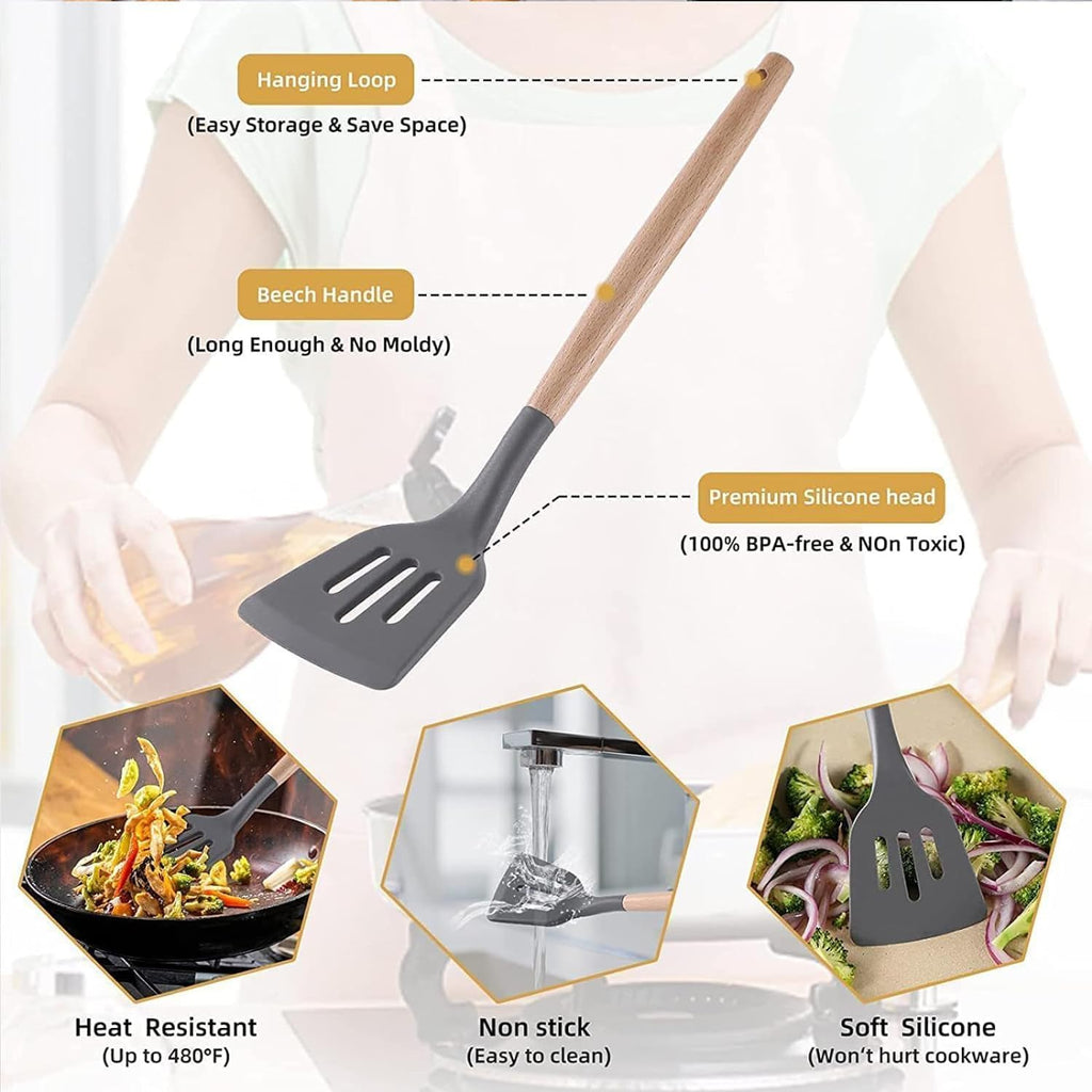 12 Pcs Silicone Kitchen Tool Set with Wooden Handles | Non Stick Cookware Safe Cooking Utensils with Storage Holder | Kitchen Accessories Set for Cooking & Baking (Grey)