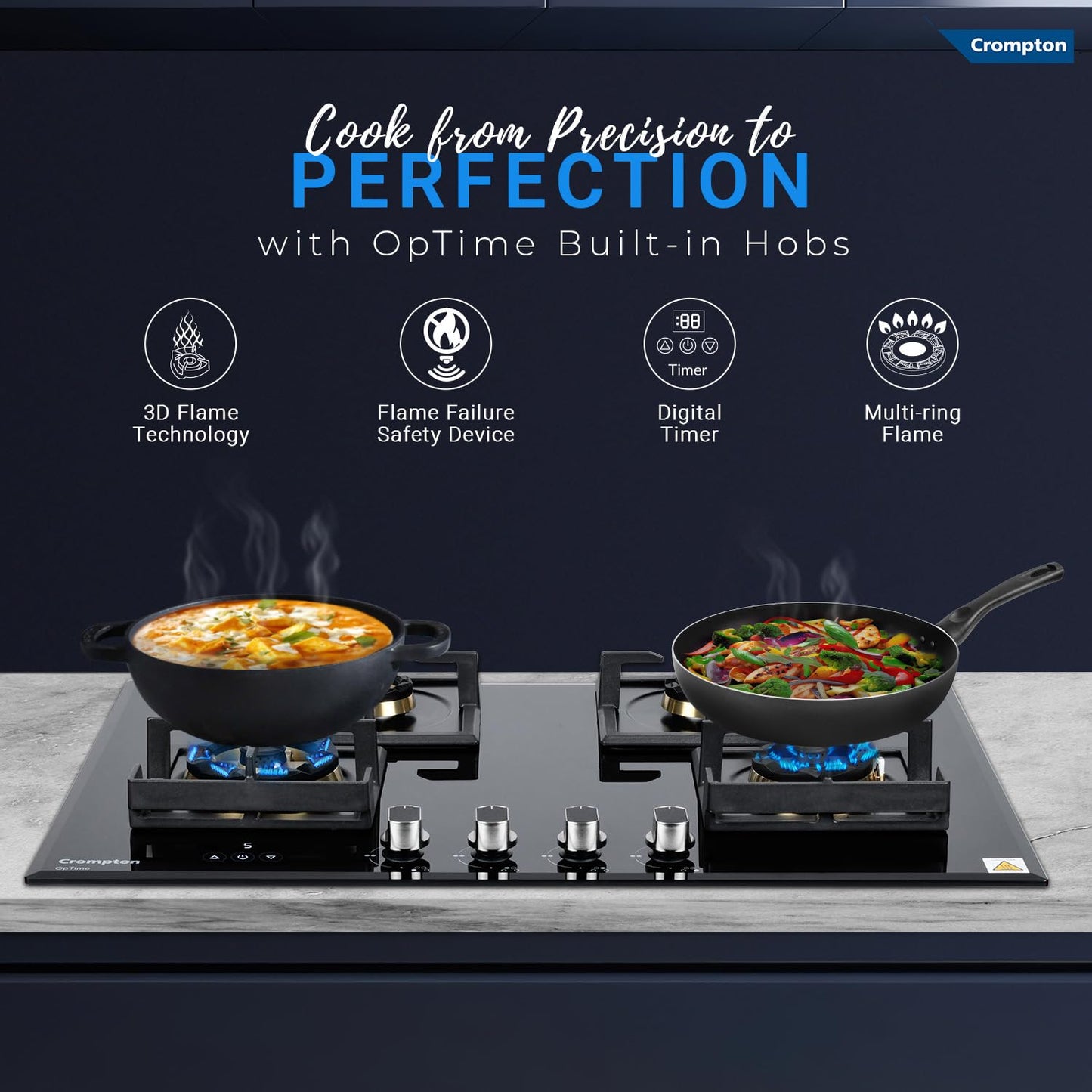 Crompton Optime 78 cm 4 Burners Built-in Glass HOB with Digital Timer, Full Brass Burners & 3D Flame Technology (HOB-OPFB784TI-MBL, Midnight Black)