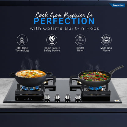 Crompton Optime 78 cm 4 Burners Built-in Glass HOB with Digital Timer, Full Brass Burners & 3D Flame Technology (HOB-OPFB784TI-MBL, Midnight Black)