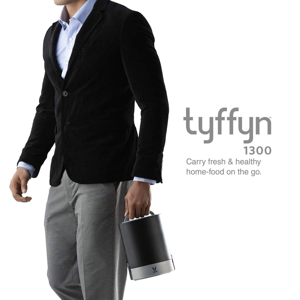 VAYA TYFFYN Jumbo Lunch Box for Office for Men, with Polished Stainless Steel Containers,1300ml Vacuum Insulated Hot Lunch Box Without BagMat, Leakproof Hot Tiffin Box with 4 Compartments,Black